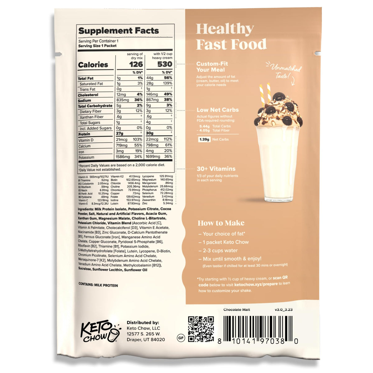 Keto Chow Chocolate Peanut Butter Meal Replacement Shake Powder, 1 Meal
