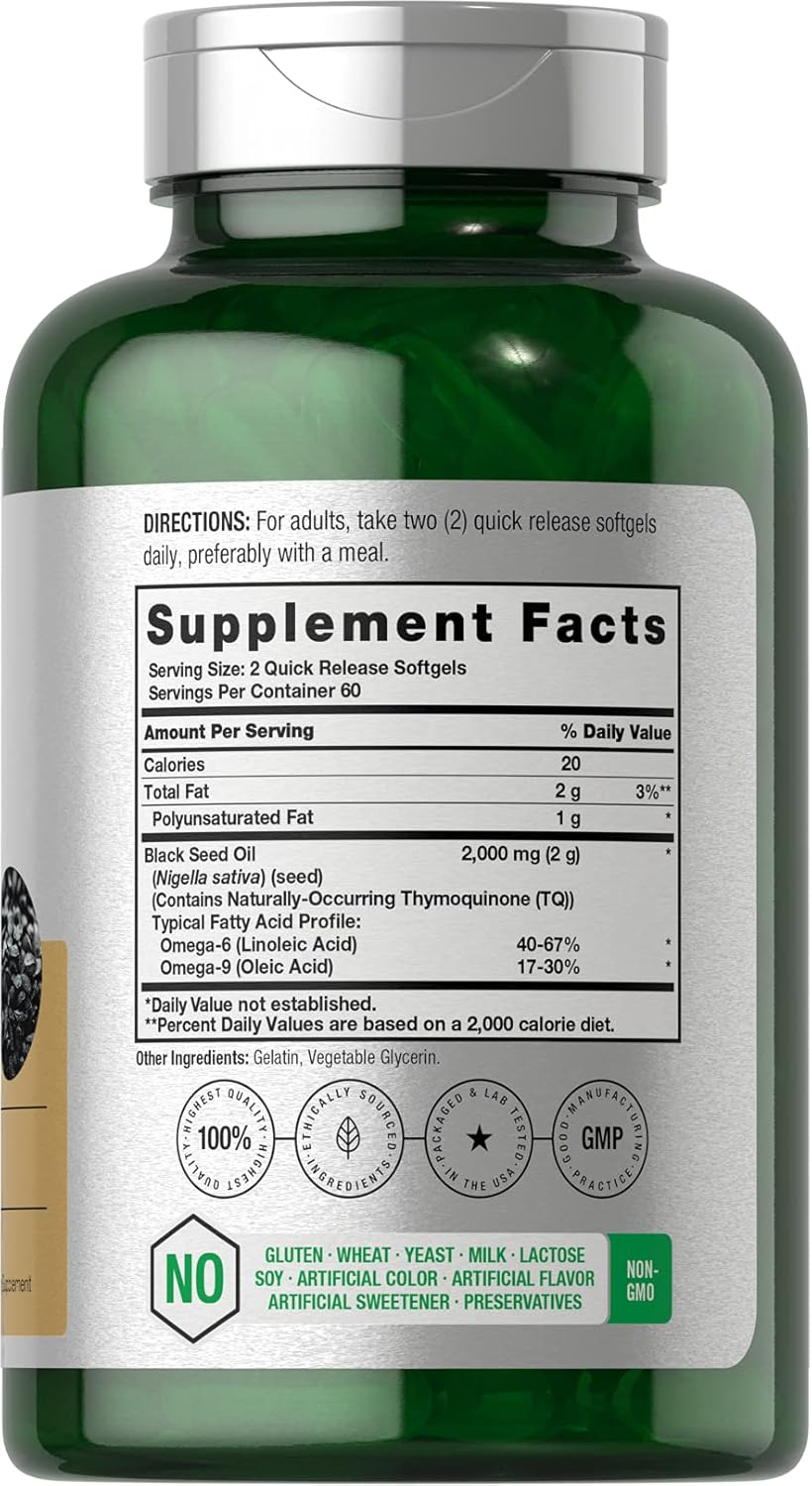 Horbaach Black Seed Oil Cold Pressed Softgel Capsules | 2000mg | 120 Count | Supplement with Omega 6 and 9 | Nigella Sativa | Non-GMO and Gluten Free
