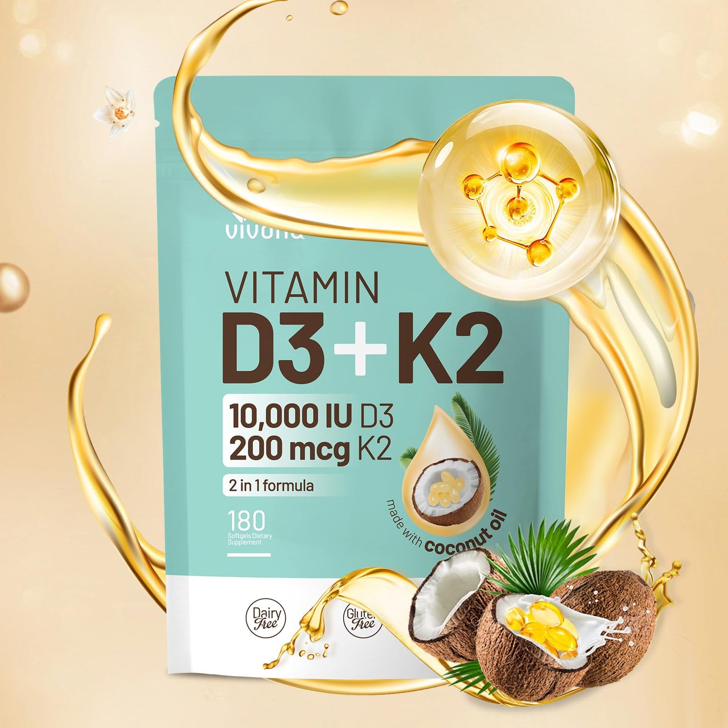 VivoNu Vitamin D3 K2 10000 IU with MK7-300 Virgin Coconut Oil Softgels, 2 in 1 Vitamins D & K Complex | Vitamina D3 con K2 (300 Softgels /1 Bag)