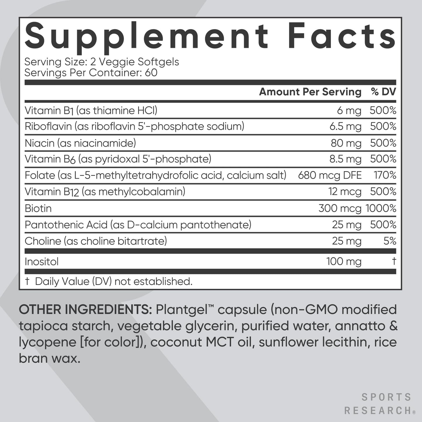 Sports Research® Vitamin B-Complex - Full Spectrum of B Vitamins with Methylated B12 & Folate - Gluten Free · Plant-Based · Non-GMO · Vegan-Friendly Formula - 120 Veggie Softgels