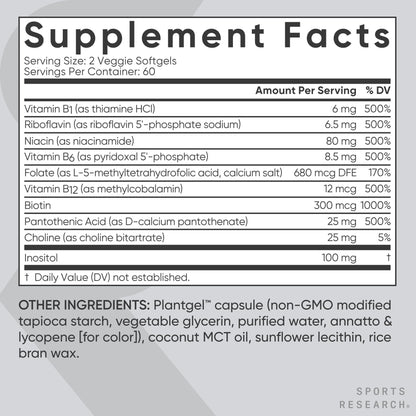 Sports Research® Vitamin B-Complex - Full Spectrum of B Vitamins with Methylated B12 & Folate - Gluten Free · Plant-Based · Non-GMO · Vegan-Friendly Formula - 120 Veggie Softgels