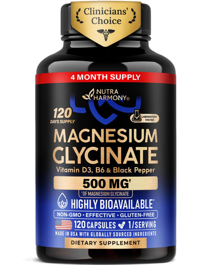Magnesium Glycinate 500 mg - Chelated Supplement - High Absorption Form of Magnesium - Support for Sleep, Muscle & Heart Health - for Women & Men - Lab Tested & Non-GMO - 120 Capsules