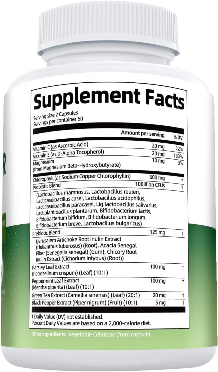 Chlorophyll Body Deodorizing Supplement, Chlorophyll Capsules with Parsley & Peppermint, Probiotic, Green Tea, Jerusalem Artichoke, Prebiotic, Supports Fresh Breath & Whole-Body Freshness, 120 Caps