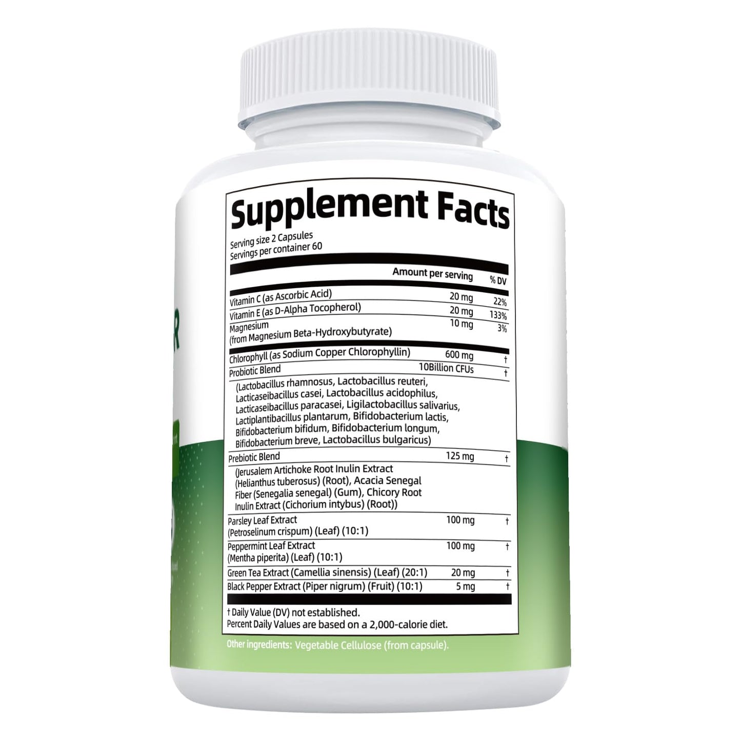 Chlorophyll Body Deodorizing Supplement, Chlorophyll Capsules with Parsley & Peppermint, Probiotic, Green Tea, Jerusalem Artichoke, Prebiotic, Supports Fresh Breath & Whole-Body Freshness, 120 Caps