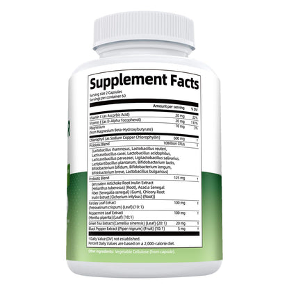 Chlorophyll Body Deodorizing Supplement, Chlorophyll Capsules with Parsley & Peppermint, Probiotic, Green Tea, Jerusalem Artichoke, Prebiotic, Supports Fresh Breath & Whole-Body Freshness, 120 Caps