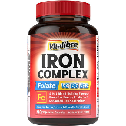 Iron Supplement for Women & Men, with Vitamins C, B6, B12 & Folate | for Iron Deficiency, Blood Building & Energy Support, Stomach Friendly, Better Absorption, Non-GMO, No Gluten, 60 Vegan Caps