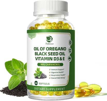 Oregano Oil Softgels with Black Seed Oil, 99% Carvacrol, 180 Ct, 3 Month | 5-in-1 with Vitamin D3 E Black Pepper, Immune, Respiratory, Digestive & Antioxidant*, Ultra-Concentrated, Easy to Swallow