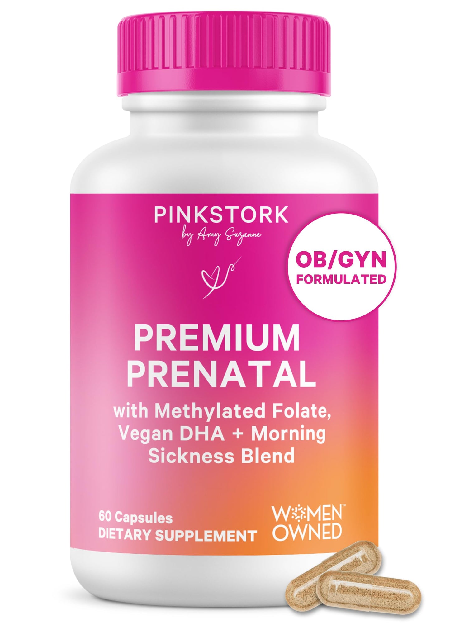 Pink Stork Premium Prenatal Vitamins for Women, 60 Count | No Fishy Burps, Methylated Folate, Choline, Vegan Algae DHA, Iron, Doctor-Formulated, Organic Whole-Foods, Probiotic