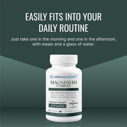 Approved Science Magnesium Complex - Magnesium Bisglycinate, Malate, Citrate, and Oxide, Heart, Headaches, Cramps, Energy - High Absorption - 60 Capsules - 1 Month Supply - Non-GMO - Vegan