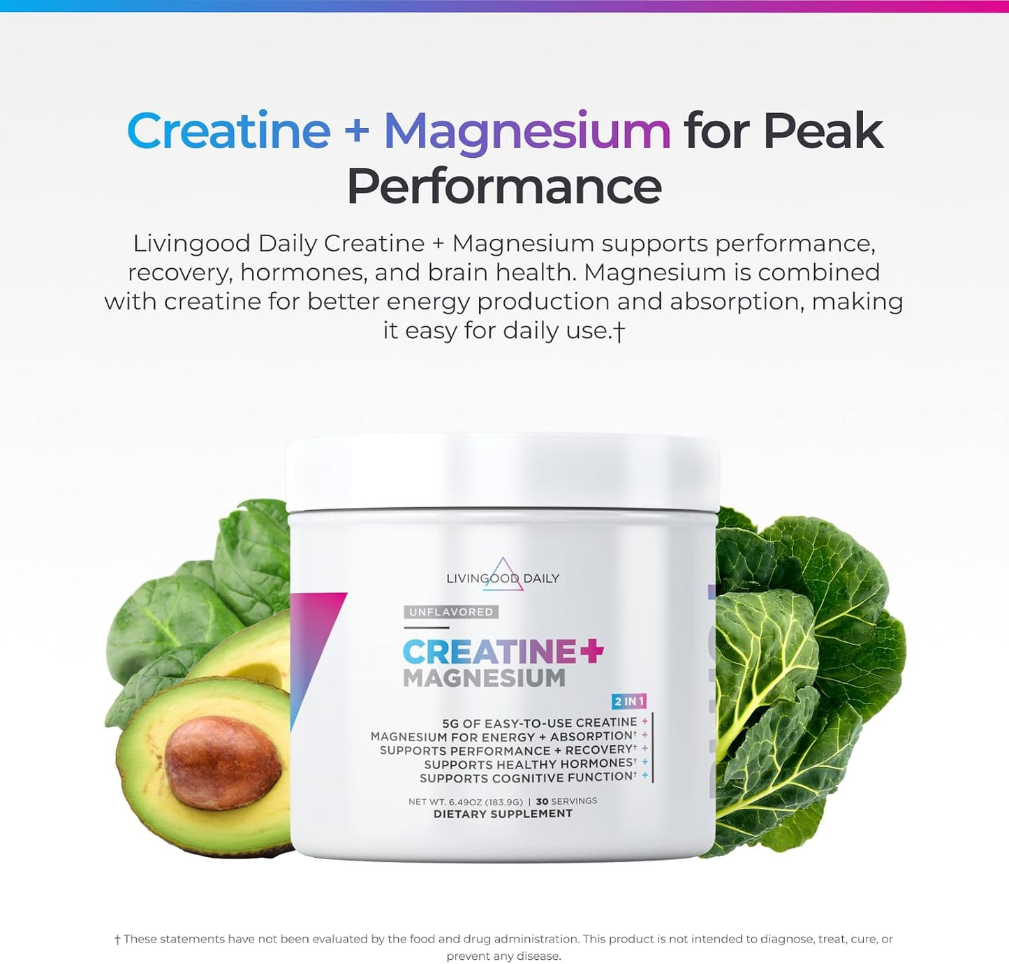 Livingood Daily Creatine + Magnesium Powder, Unflavored | 5g Micronized Creatine Monohydrate with Magnesium for Energy, Muscle Recovery & Performance | 30 Servings