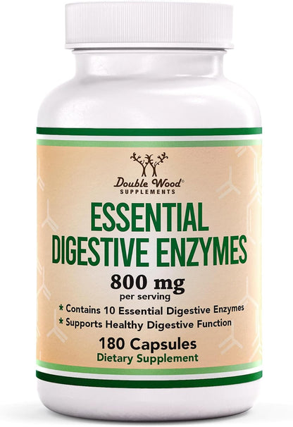 Digestive Enzymes - 800mg Blend of All 10 Most Essential Digestive and Pancreatic Enzymes (Amylase, Lipase, Bromelain, Lactase, Papain, Protease, Cellulase, Maltase, Invertase) by Double Wood