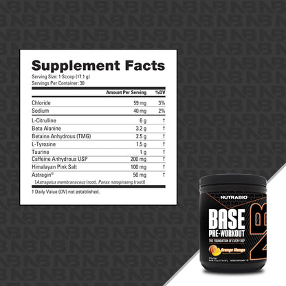 NutraBio Base Pre-Workout Powder 200mg Caffeine, Sustained Energy, Focus, Endurance, Pump, Sugar Free, Clean Preworkout for Men and Women - Beta Alanine, L-Tyrosine, 30 Servings - Lemon Lime