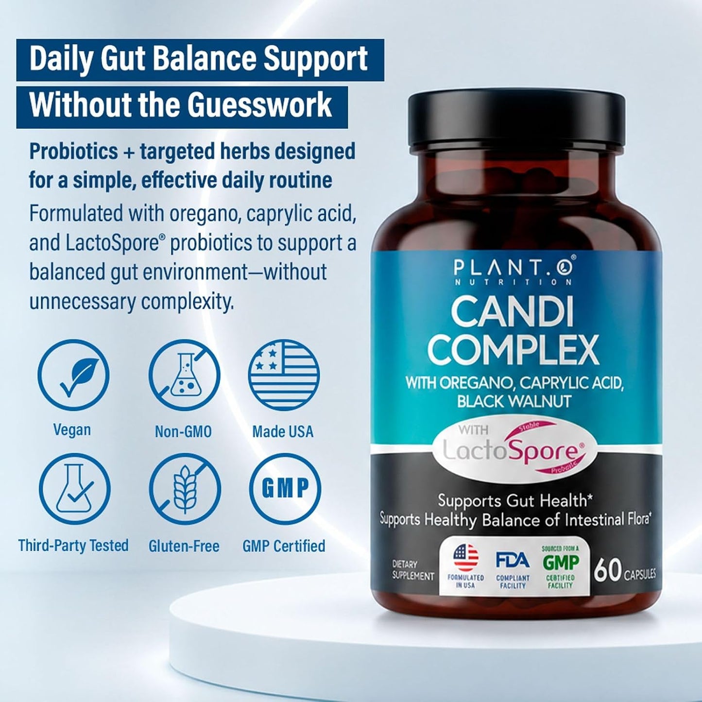 Candida Cleanse Supplement & Yeast Support with Probiotics (LactoSpore®), Oregano Oil, Caprylic Acid, Black Walnut – Advanced Gut Health, Digestive Enzymes, pH Balance for Women and Men – 60 Capsules
