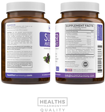 Super Antioxidants Supplement for Women & Men - High Potency Herbal & Fruit Blend with Acai, Goji, Pomegranate, Elderberry & Resveratrol for Skin Care & Immune Support - Vegan & Non-GMO - 60 Capsules