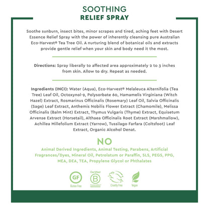Desert Essence Relief Spray - 4 Fl Oz - Antiseptic Eco-Harvest Tea Tree Oil & Other Essential Oils - Natural First Aid - Minor Burns - Sunburn - Insect Bites - Scrapes - May Comfort Aching Feet