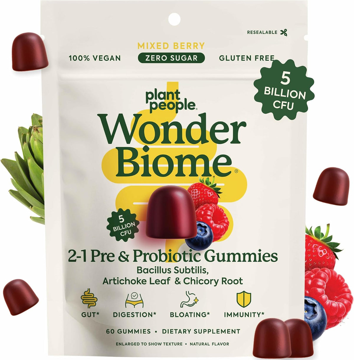 Plant People WonderBiome 2-in-1 Prebiotic + Probiotic Gummies, 60 Count