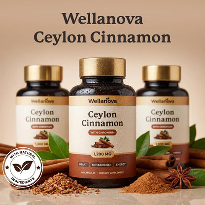 Ceylon Cinnamon Capsules Supplement with Chromium - 1,200 mg True Cinnamomum Verum, Chromium Picolinate 200 mcg - Heart, Metabolism & Energy Support - 60 Vegan Capsules