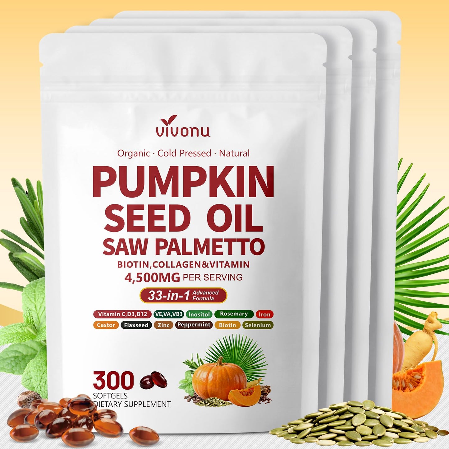 VivoNu Pumpkin Seed Oil with Saw Palmetto Capsules | 4500mg | 300 Count| 33 in 1 Vitamin C D3 B12 E A, Castor, Zinc, Biotin, Iron, Peppermint | Hair Growth & DHT Blocker for Women Men | 300 Count| 33 in 1 Vitamin C D3 B12 E A, Castor, Zinc, Biotin, Iron,