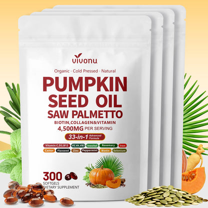 VivoNu Pumpkin Seed Oil with Saw Palmetto Capsules | 4500mg | 300 Count| 33 in 1 Vitamin C D3 B12 E A, Castor, Zinc, Biotin, Iron, Peppermint | Hair Growth & DHT Blocker for Women Men | 300 Count| 33 in 1 Vitamin C D3 B12 E A, Castor, Zinc, Biotin, Iron,
