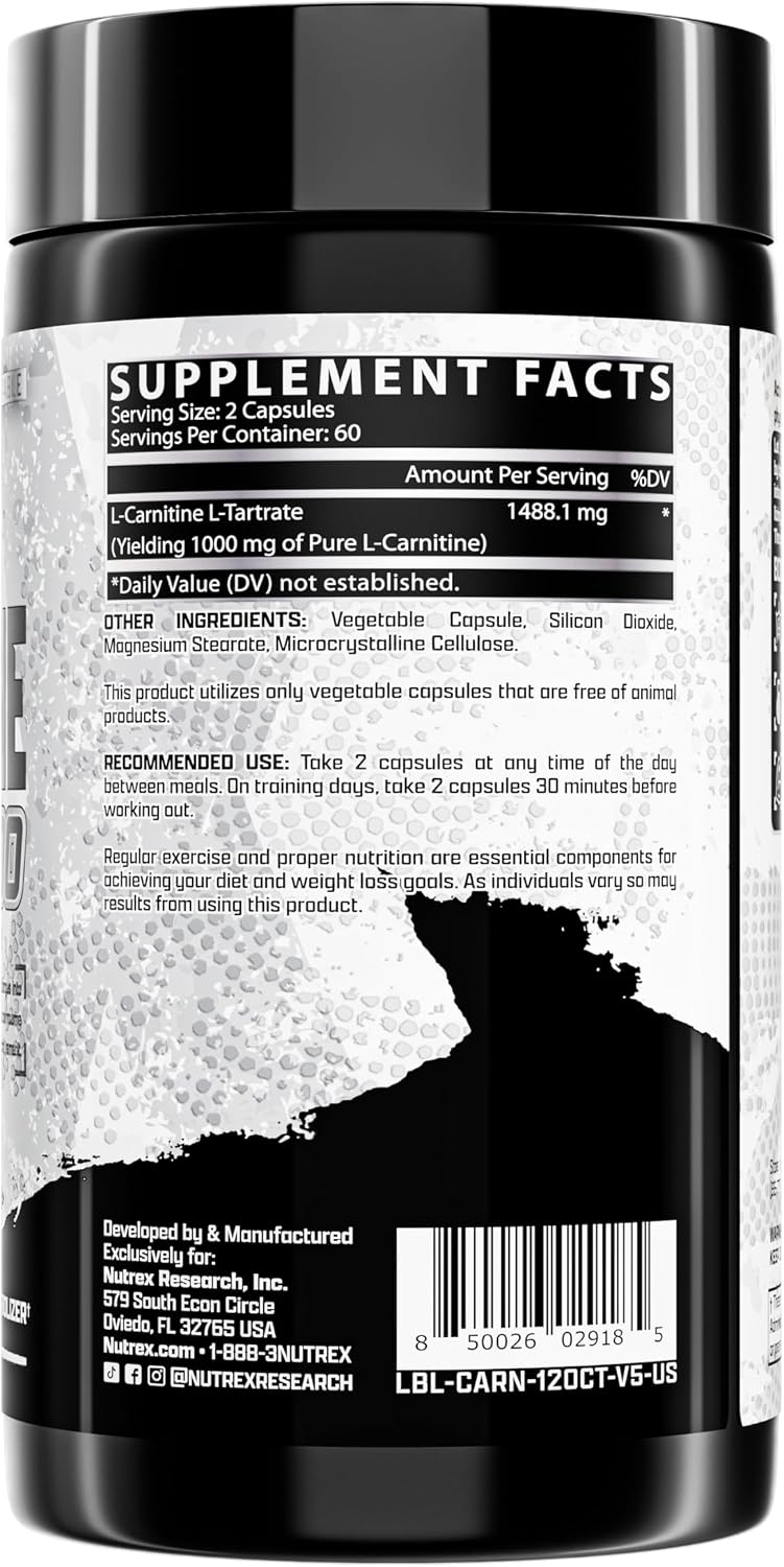 Nutrex Research Lipo-6 L Carnitine 1000mg | Pure L-Carnitine Tartrate Supports Fat Metabolism, Energy, Stimulant Free Weight Management Supplement, Keto Friendly - 120 Capsules
