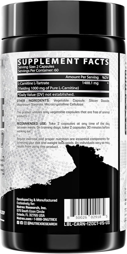 Nutrex Research Lipo-6 L Carnitine 1000mg | Pure L-Carnitine Tartrate Supports Fat Metabolism, Energy, Stimulant Free Weight Management Supplement, Keto Friendly - 120 Capsules