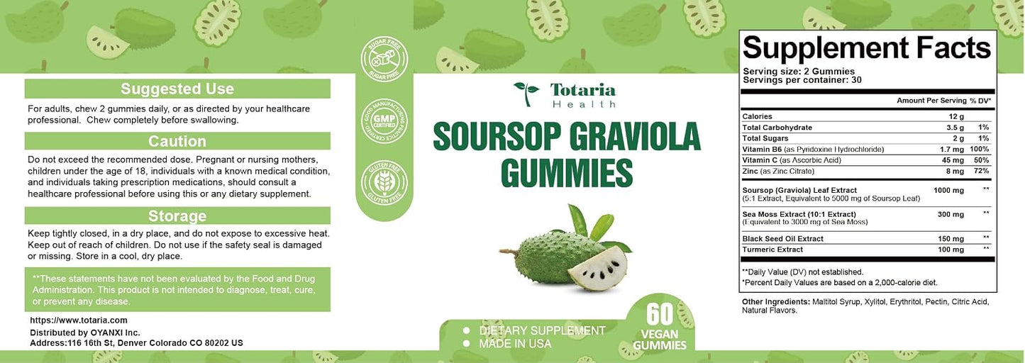Totaria Sugar Free Soursop Oil Graviola Sea Moss Gummies - Support Digestive Sleep Skin Health, Immunity & Antioxidant - Guanabana Fruit with Sea Moss, 150mg Black Seed Oil Organic Non-GMO Vegan