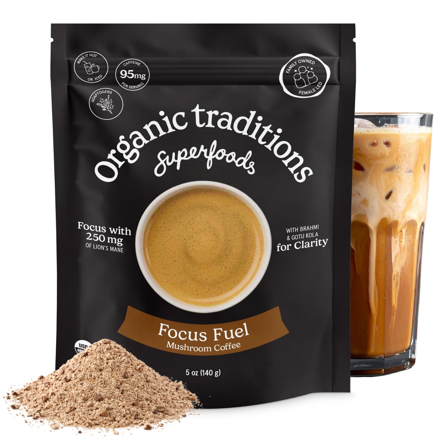 Organic Traditions Mind Fuel Instant Mushroom Coffee Alternative, Caffeine Free Lion’s Mane and Maca Herbal Drink with Dandelion, Chicory, Roasted Grain Blend, Natural Focus Support, 140g / 5oz