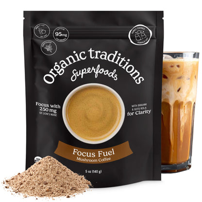 Organic Traditions Mind Fuel Instant Mushroom Coffee Alternative, Caffeine Free Lion’s Mane and Maca Herbal Drink with Dandelion, Chicory, Roasted Grain Blend, Natural Focus Support, 140g / 5oz