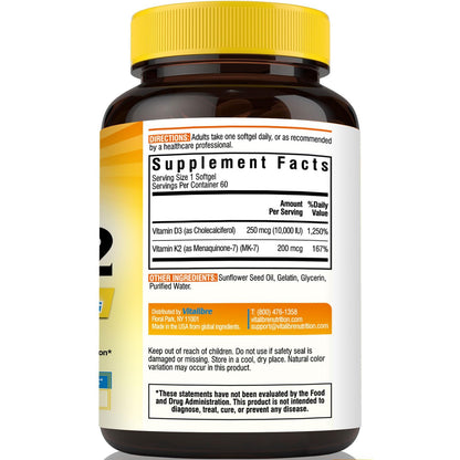 Vitalibre Vitamin D3 K2 Supplement, Vitamin D3 10000 IU & 200 mcg K2 MK7 | Enhanced Calcium Absorption, Bone, Heart, Immune & Mood Support, No Soy, Easy to Swallow, 90 Softgels