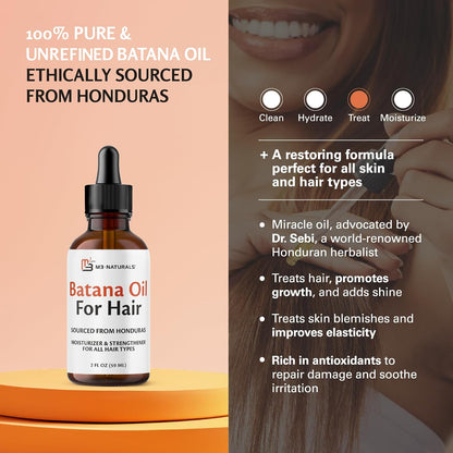 M3 Naturals Vegan Batana Oil | Unrefined Batana Oil for Hair & Skin | Supports Healthy Skin & Collagen Production | 100% Pure Batana & Non-GMO | 2 FL OZ (59 ML)