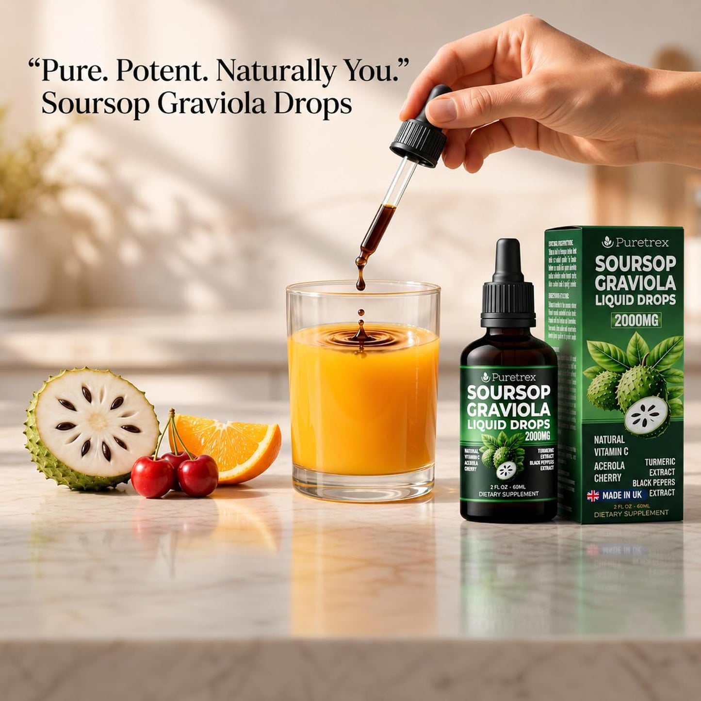 Soursop Graviola Liquid Drops 2000mg, Bitters Complex with Acerola Cherry, Turmeric and Black Pepper Extract, Fast Absorption Botanical Formula, Alcohol Free, 60mL 2 fl oz