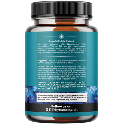 Vitamin B3 Niacinamide 500mg Capsules - Mitochondrial Energy and Potent Skin Supplement - Vitamin B3 Niacin Flush Free and Nicotinamide 500mg - Flush Free Niacin Supplement - 60 Count