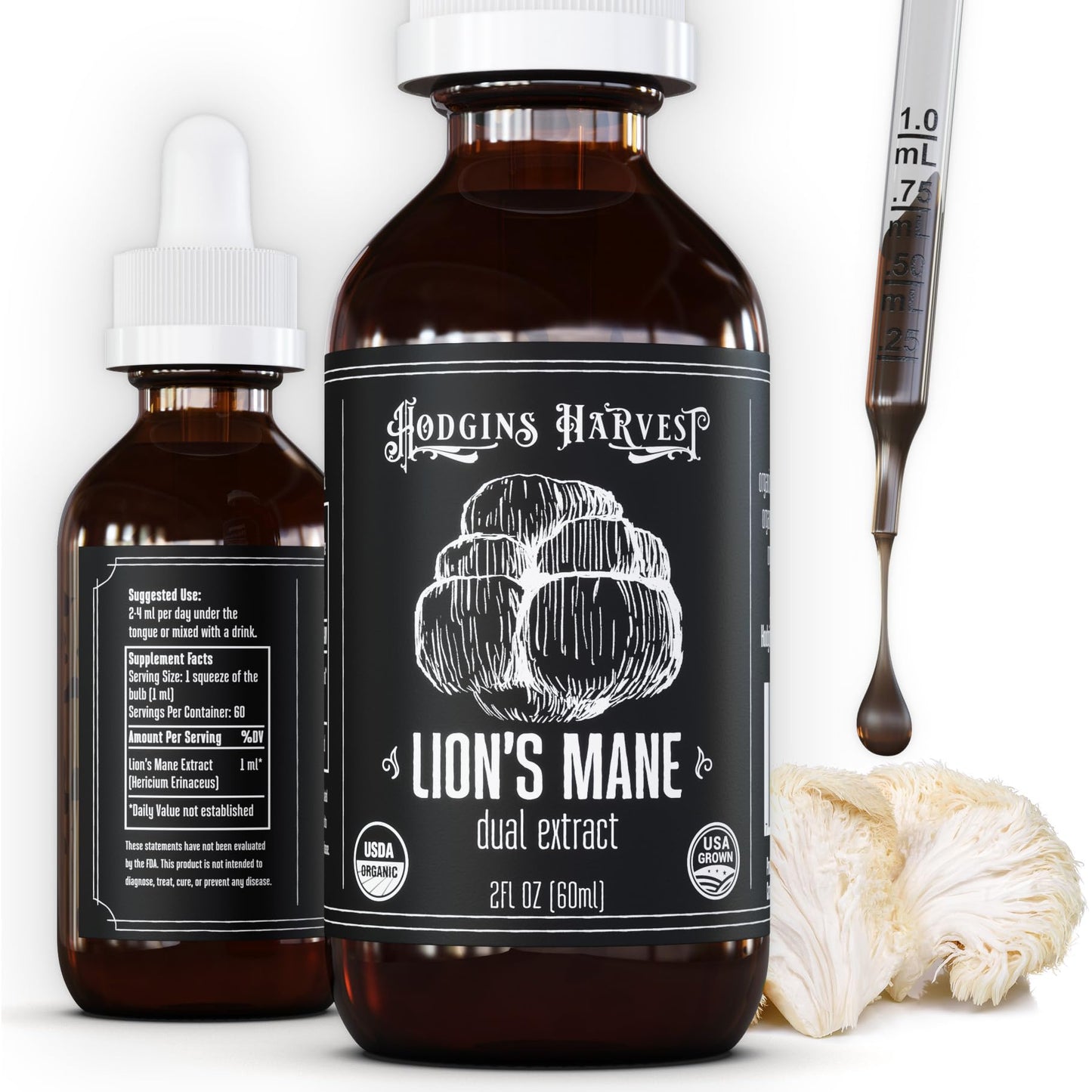 Hodgins Harvest Organic Lion's Mane Fruiting Body Extract Tincture - Mushroom Supplement for Brain Health and Mental Focus - Dual Extract Formula - Extra Concentrated - 4 fl oz Bottle