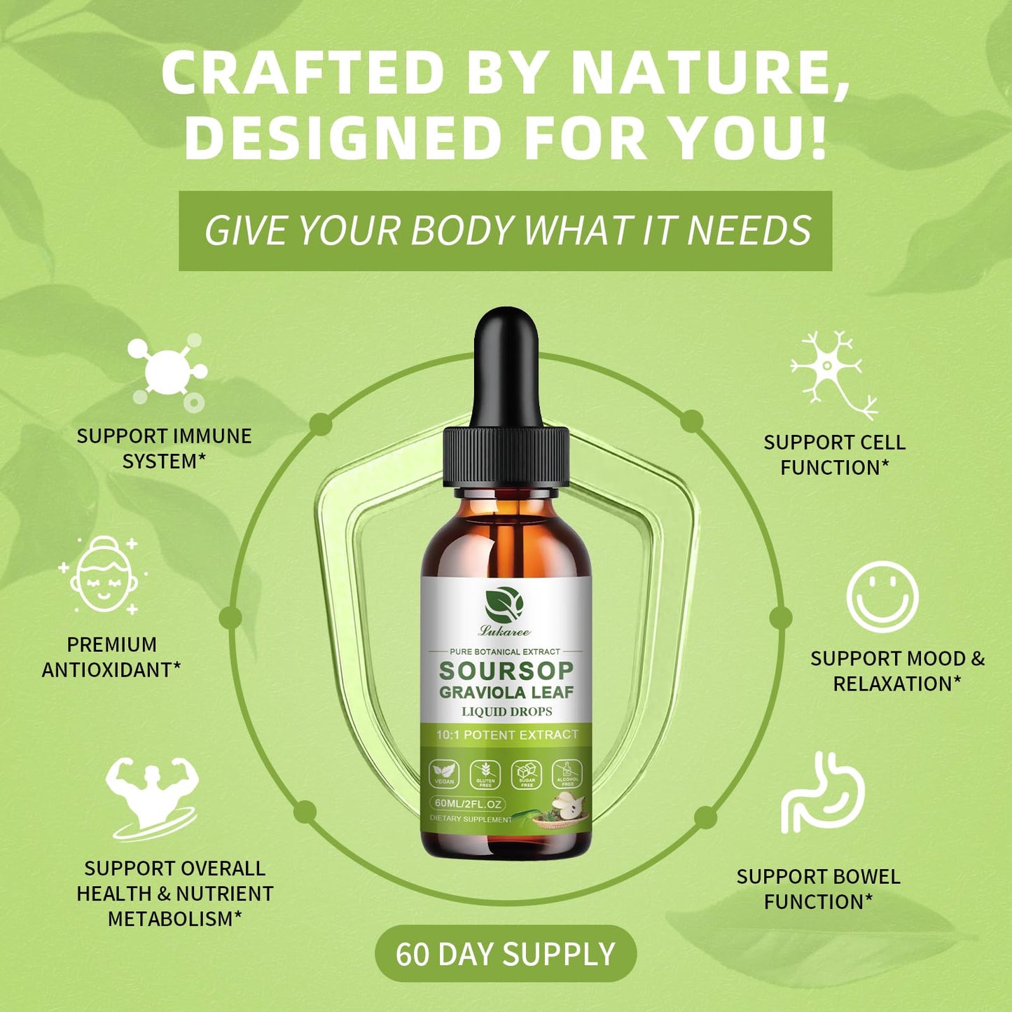Lukaree Pure Soursop Graviola Leaf Extract for Immunity, Gut Health & Natural Energy Support – Soursop Bitters Liquid with Cold Extract – Vegan | Gluten-Free | 2 Fl Oz