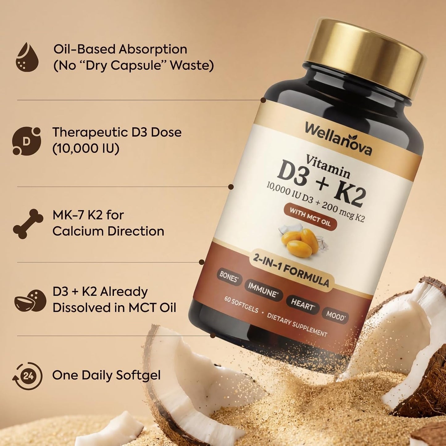 Vitamin D3 K2 10,000 IU – Pure 2-in-1 Vitamin Supplement for Men & Women | MK-7 200 Mcg With Coconut Oil, 60 Softgels