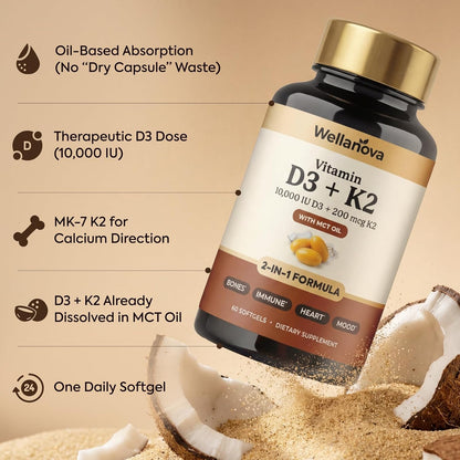 Vitamin D3 K2 10,000 IU – Pure 2-in-1 Vitamin Supplement for Men & Women | MK-7 200 Mcg With Coconut Oil, 60 Softgels