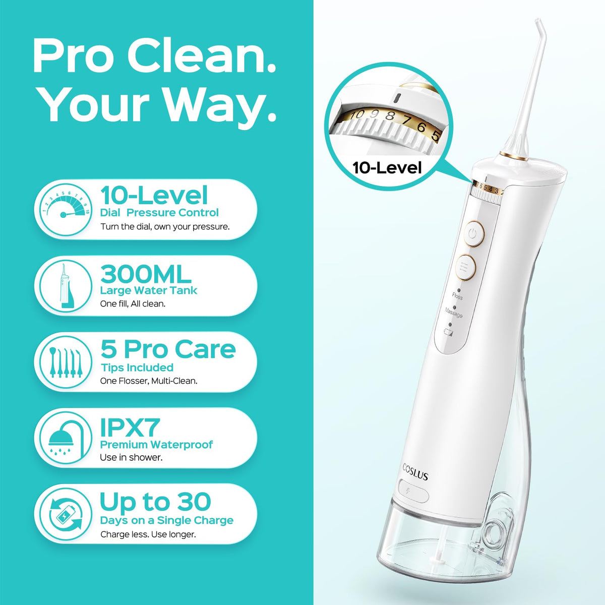 COSLUS ADA Accepted E40 Water Dental Flosser, 10 Pressure Levels, Black Pro