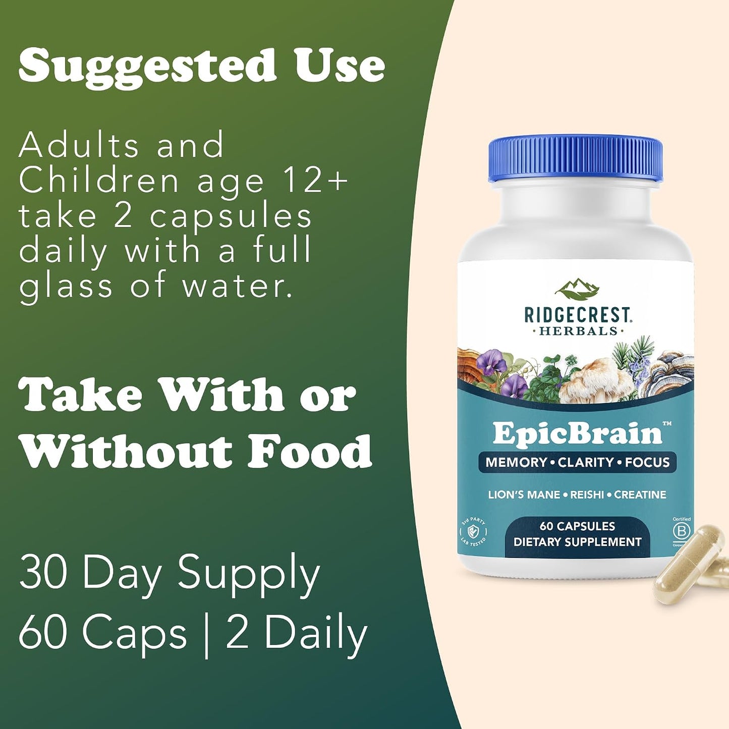 RidgeCrest Herbals EpicBrain Nootropic Memory and Focus Support 60 Ct | 30 Servings, Creatine Monohydrate, Lions Mane, Reishi, Stimulant Free, Mental Clarity and Cognitive Health Formula