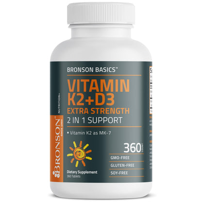 Bronson Vitamin K2 (MK7) with D3 Supplement Extra Strength 2 in 1 Support, 10,000 IU Vitamin D3 & 120 mcg K2 MK-7, 120 Tablets