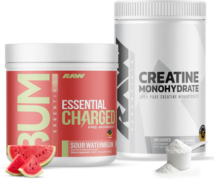 RAW Nutrition Creatine Monohydrate & Charged Sour Watermelon Pre-Workout Powder Bundle