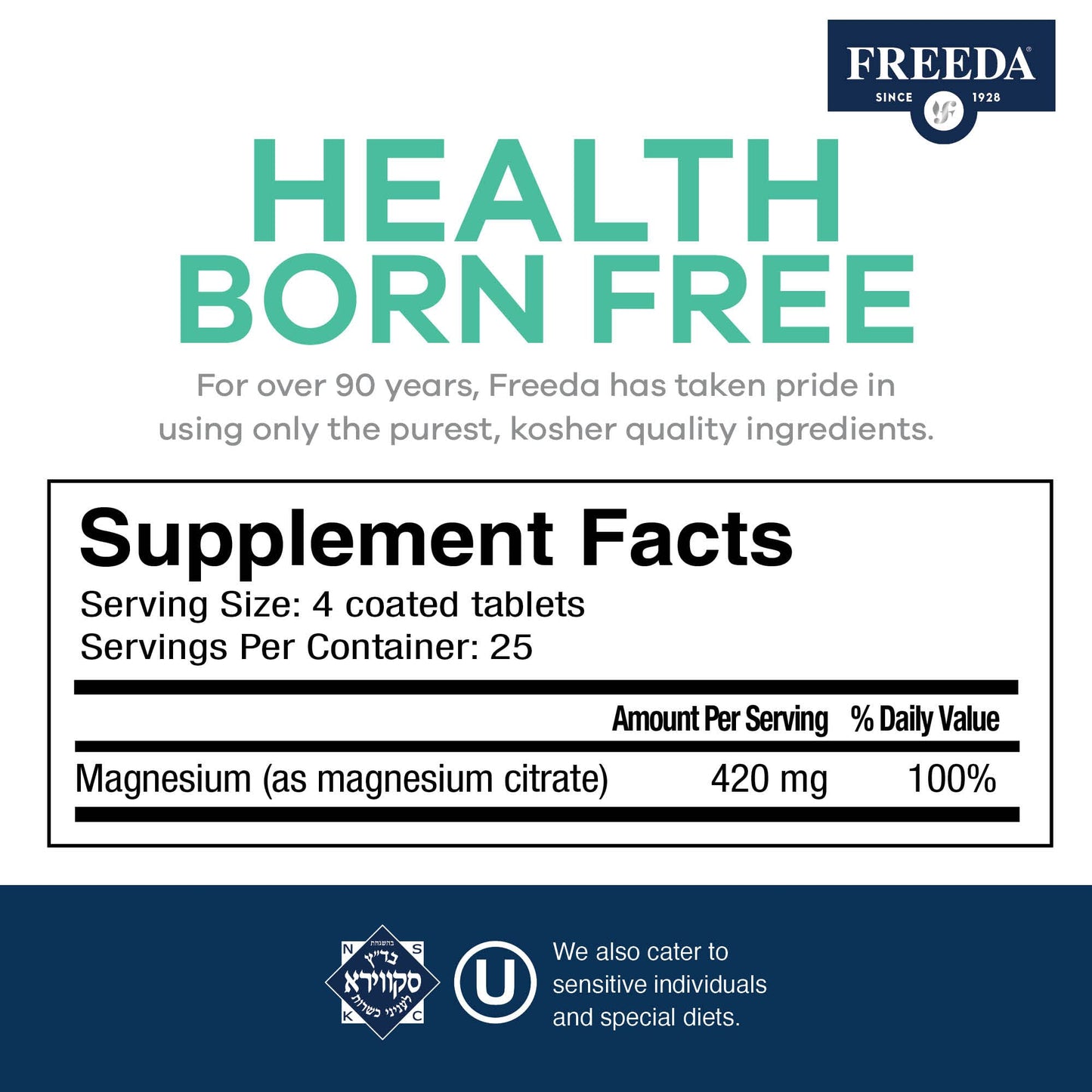 FREEDA Magnesium Citrate Powder for Bone, Joint, & Muscle Support 100 Count | Supports Nerve Health, Relaxation, Sleep, Metabolism, & Digestive Function – Kosher, Vegan, Gluten-Free, Made in USA