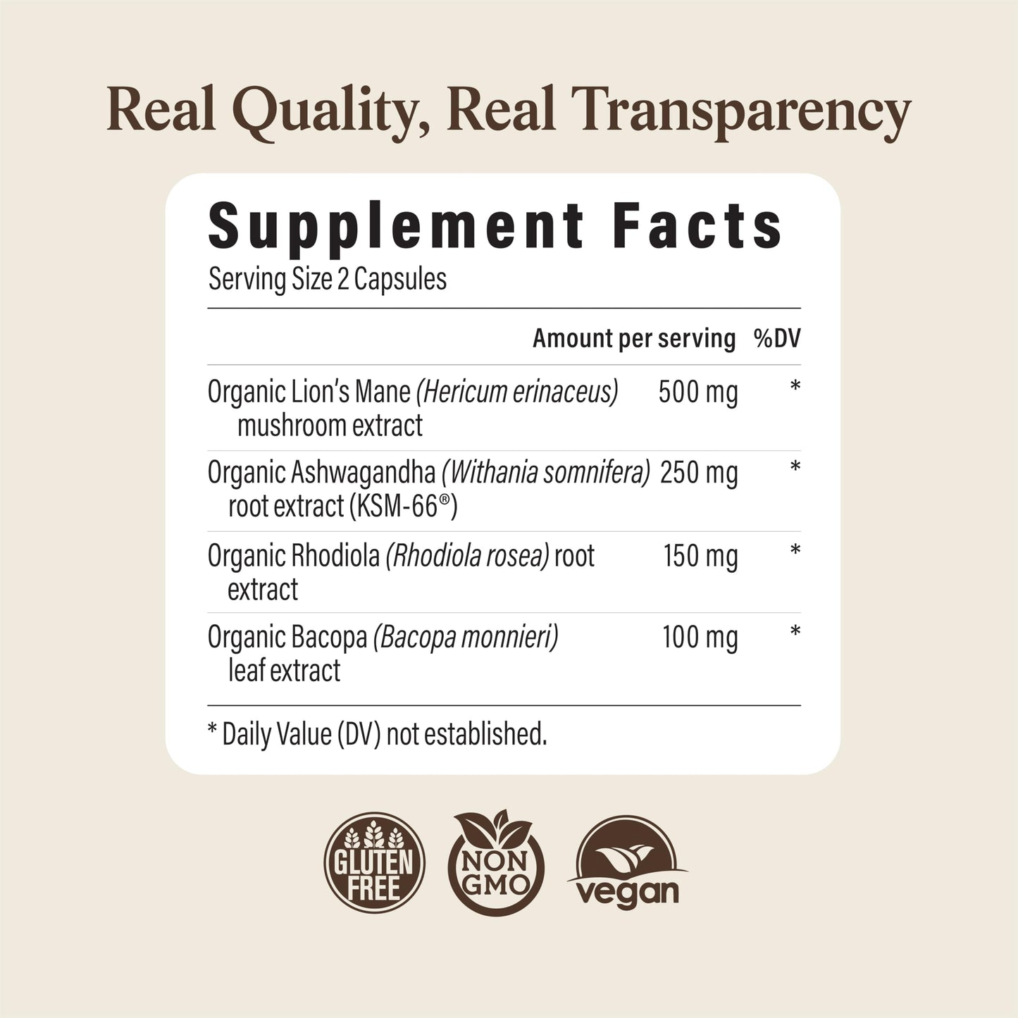 Real Mushrooms RealClarity Capsules – Lion’s Mane, KSM-66 Ashwagandha, Rhodiola & Bacopa – Mental Sharpness, Alertness. & Adaptogenic Support – Vegan, Non-GMO – 60 Count Mushroom Supplement