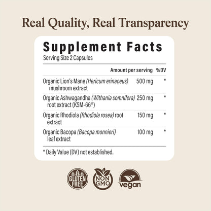 Real Mushrooms RealClarity Capsules – Lion’s Mane, KSM-66 Ashwagandha, Rhodiola & Bacopa – Mental Sharpness, Alertness. & Adaptogenic Support – Vegan, Non-GMO – 60 Count Mushroom Supplement