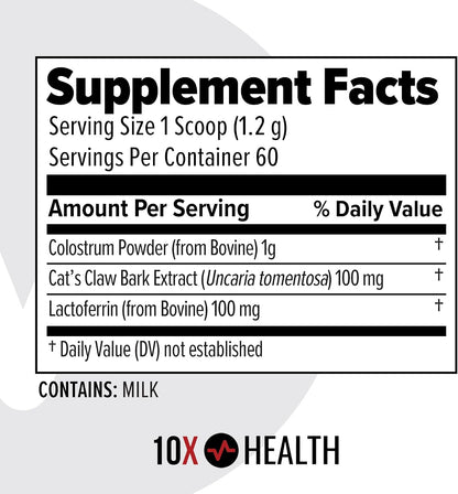 10X Health Bovine Colostrum Powder - 60 Servings | Gut Health Supplement: Organic, with Cat's Claw & Lactoferrin, Easy-Mix, 60 Servings