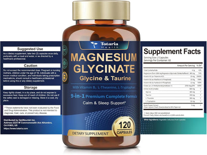 9-in-1 Magnesium Glycinate 1000mg - Support Stress Relief, Sleep, Nerves, Muscles, and Metabolism - Magnesium Vitamin B & Amino Acid Triple Complex | High Absorption Chelated Formula - 120 Capsules