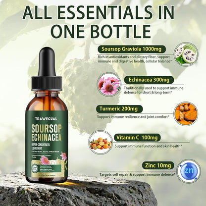 Soursop Drops, Soursop Graviola Liquid Drop 1000mg with Echinacea 300mg, Turmeric, Vitamin C, Zinc - for Immune Support, Digestive Health, Antioxidant & Cell Support, 2 FL OZ