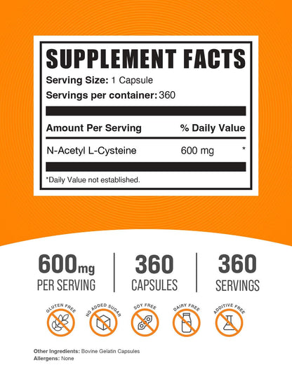 BulkSupplements.com N-Acetyl L-Cysteine Capsules - N-Acetyl Cysteine 600mg, NAC Supplement - 600mg per Capsule, Gluten Free - 1 NAC Capsule per Serving, 360 Capsules (Pack of 1)
