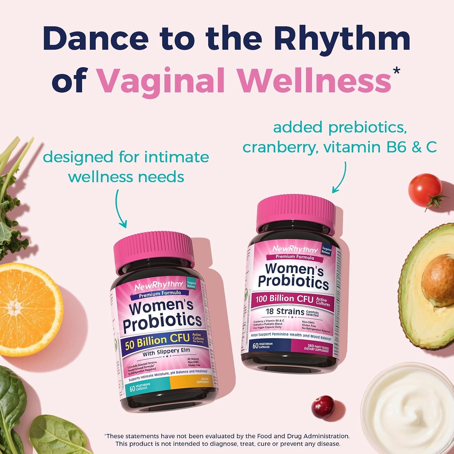 NewRhythm Women's Probiotics Slippery Elm Bark, 50 Billion CFU Per Serving, 5 Strains, All Natural, Non-GMO, Vaginal, Digestive & Immune System Support, 60 Vegan Caps