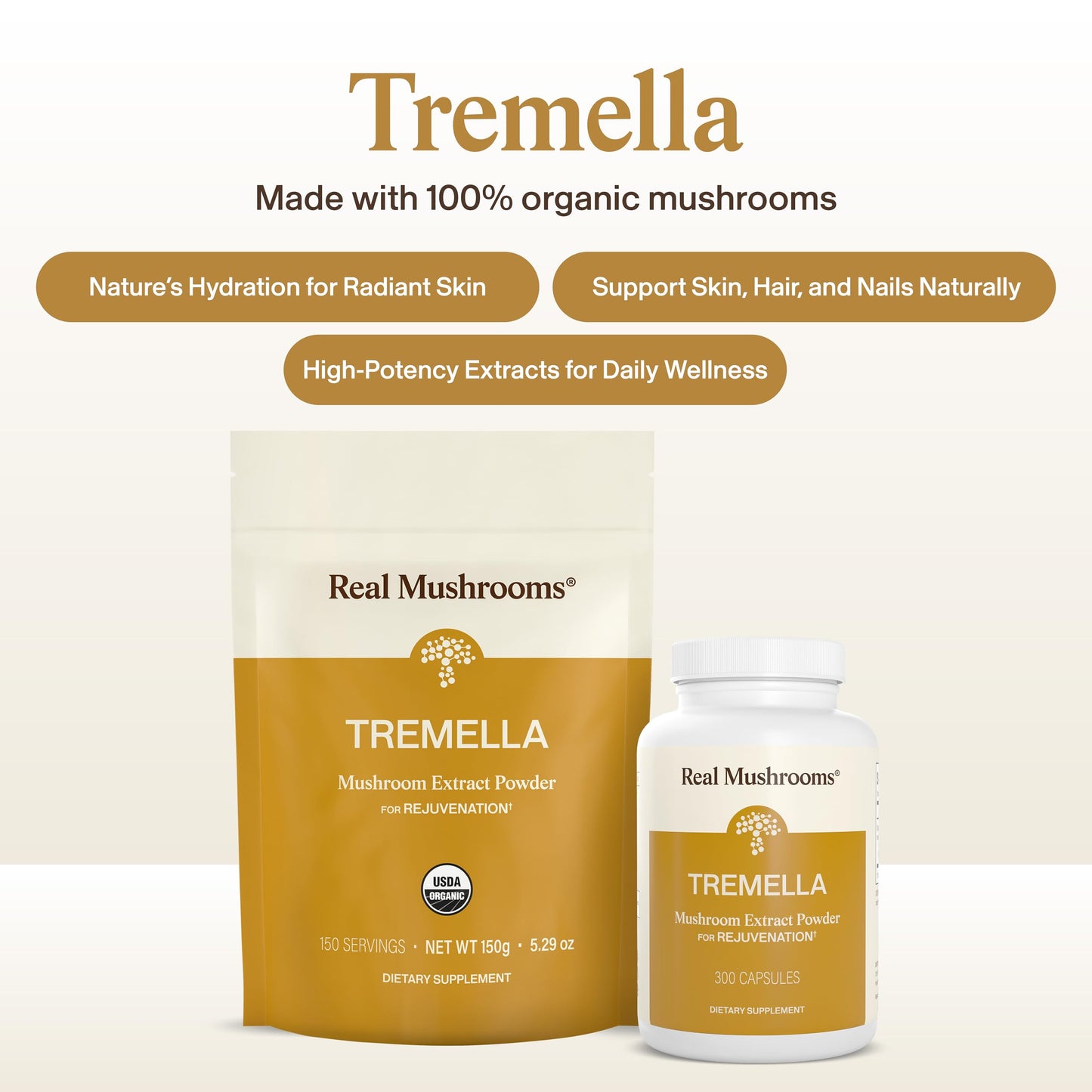 Real Mushrooms Tremella Mushroom Extract 120 ct Blend for Daily Wellness Routine - Vegan, Non-GMO, Organic Supplements Humans Support Supplement