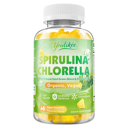 2 Pack Spirulina Chlorella Gummies, Supports Daily Energy & Immune System | Super Greens Blend with Protein, Chlorophyll, Vitamin C, D3, B12, Zinc, Pineapple Flavor, 120 Count